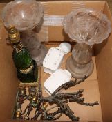 A quantity of light fittings and a pair of lustre bases