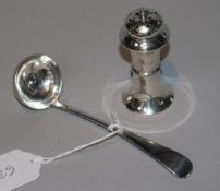 A George V pounce pot and a 19th century Scottish silver cream ladle.