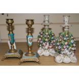 A pair of brass mounted Continental porcelain candlesticks, 7in. and a pair of porcelain