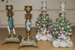 A pair of brass mounted Continental porcelain candlesticks, 7in. and a pair of porcelain