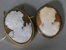 A Victorian style 9ct gold framed carved cameo portrait brooch and a similar gilt metal cameo