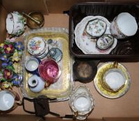 A collection of miniature Dresden, Meissen and other ceramics, pill boxes and glassware