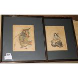 A pair of Japanese woodblock prints with watercolour decoration8 x 6in.