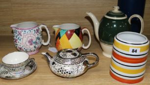 Susie Cooper for Grays Pottery - two jugs, a vase, a coffee pot and a silver lustre teapot and tea