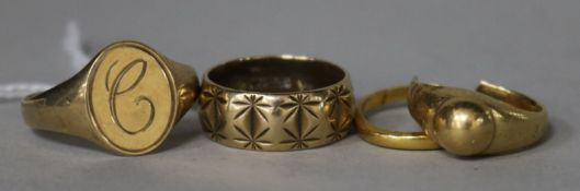 Two 9ct gold rings, a 22ct gold ring (a.f.) and one other yellow metal ring (a.f.).