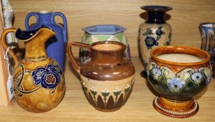 Three Royal Doulton vases, a jug, two jardinieres and two bowls