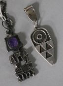 A Pentti Sarpaneva silver and amethyst quartz pendant and one other silver pendant stamped JG.