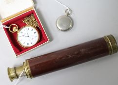 A hunter-cased pocket compass, a Vertex Revue plated fob watch and chain and a brass telescope,