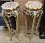 A pair of stained and giltwood vase stands, with marble inset tops, H.3ft