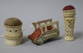A small collection of early 19th century bone/ivory sewing accessories, including an engraved dog