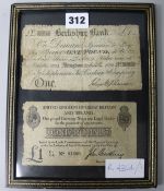 Framed two pound notes, one John Bradbury and one Bellshire 1822