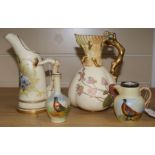 Two Royal Worcester jugs and two Locke & Co ceramics painted with pheasants, largest 7.25in.