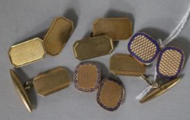 Three pairs of 9ct gold cufflinks, including enamel.