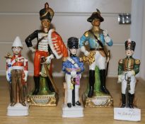Two Capo di Monte style Napoleonic soldiers, tallest 23cms and three others, 16cms largest 9in. (5)