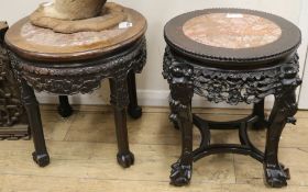 Two Chinese hardwood vase stands, with marble inset tops, largest 1ft 5in.