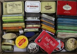 A large selection of cigarette and tobacco tins