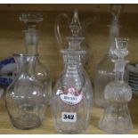 6 decanters and 1 glass jug