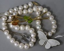 A David Andersen silver and enamel butterfly brooch, two Lalique items and a cultured pearl