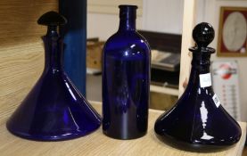 A Bristol blue ships decanter, another and a bottle