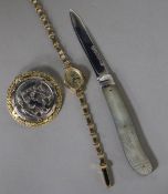 A lady's 9ct gold wrist watch, a brooch and a silver fruit knife.