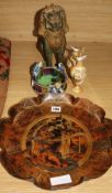 A Japanese tortoiseshell gilt figurative dish (a.f), a figurative pot, a pair of blush vases and a