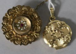 A Victorian 9ct gold and gem set brooch and a gold plated pendant.