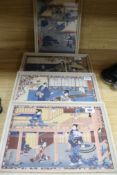 Four Japanese woodblock prints, including Hiroshige, 'Guests at an Inn at Ishibe' and three others