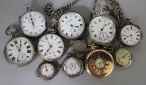Ten assorted pocket watches, including silver and fob watches.