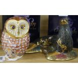 A Royal Crown Derby figures of a sea lion and an owl, both boxed