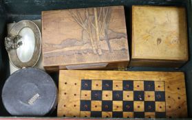 A leather suitcase of wooden boxes, money box and a mother of pearl trinket tray