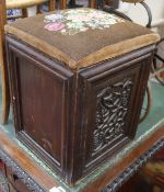 A carved oak box seat stool 1ft 3in.