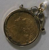 A Victoria 1885 gold half sovereign, now in 9ct gold pendant mount.