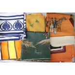 Two Hermes, Paris silk scarves, 'Les Coupes' and 'Carrossier' and four other silk scarves, including