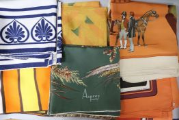 Two Hermes, Paris silk scarves, 'Les Coupes' and 'Carrossier' and four other silk scarves, including