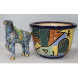 A Chinese pottery jardiniere and a cloisonne horse