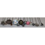 Fifteen assorted hatpins including enamel and shell.