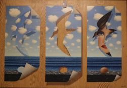 Anthony John Gray (b.1946)oil on canvasTrompe l'oeil, three windows, face, gulls, skysigned35 x