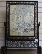 A Chinese hardwood framed fire screen, Emb. panel H.52cm,W.41cm