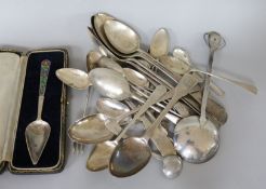 Assorted silver flatware including an Arts & Crafts spoon by Albert Edward Bonner. 18 oz.