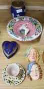 A Wedgwood jasper barrel, a Carltonware box, a Maling dish, Beswick masks, etc.