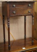 A Regency mahogany two drawer work table, on slender turned legs W.1ft 7in.