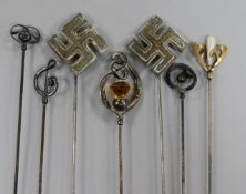 Seven assorted Charles Horner hatpins including one 9ct gold.The property of:Mrs BA Hamilton-