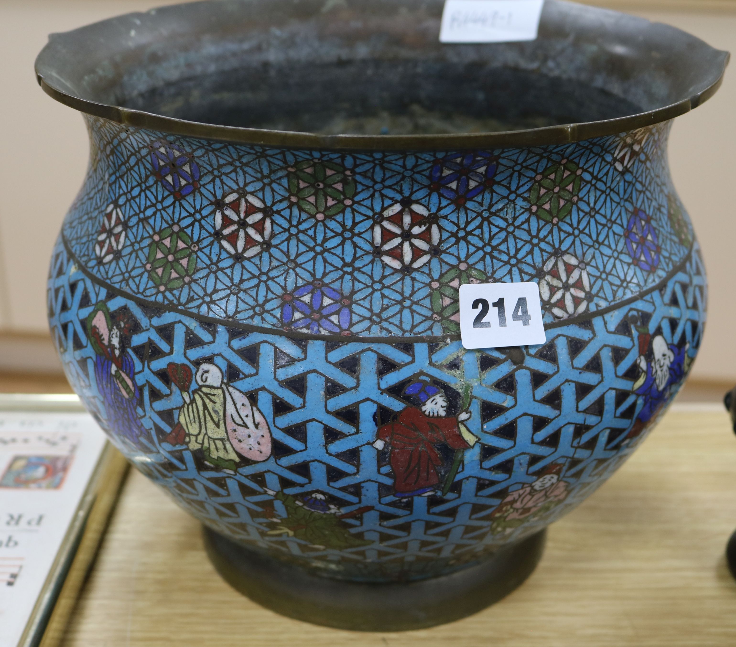 A Japanese champleve enamel jardiniere H.9.5in.