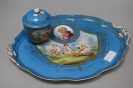 A Sevres style bleu celeste tray and sucrier tray 16in.