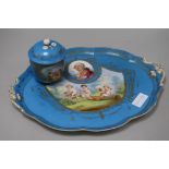 A Sevres style bleu celeste tray and sucrier tray 16in.