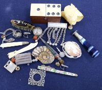 A box of small silver items, including a silver framed carved cameo brooch and other items including