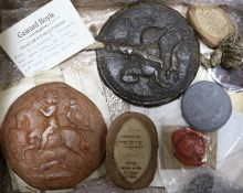 Two Charles II wax seals, one with a Latin manuscript indenture on vellum, each 14.5cm diameter,