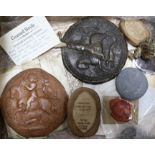 Two Charles II wax seals, one with a Latin manuscript indenture on vellum, each 14.5cm diameter,