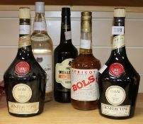 One bottle of Mount Gay rum, a bottle of Bols Apricot brandy, a bottle of Amontillado sherry and two