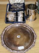 A silver plated tray, etc